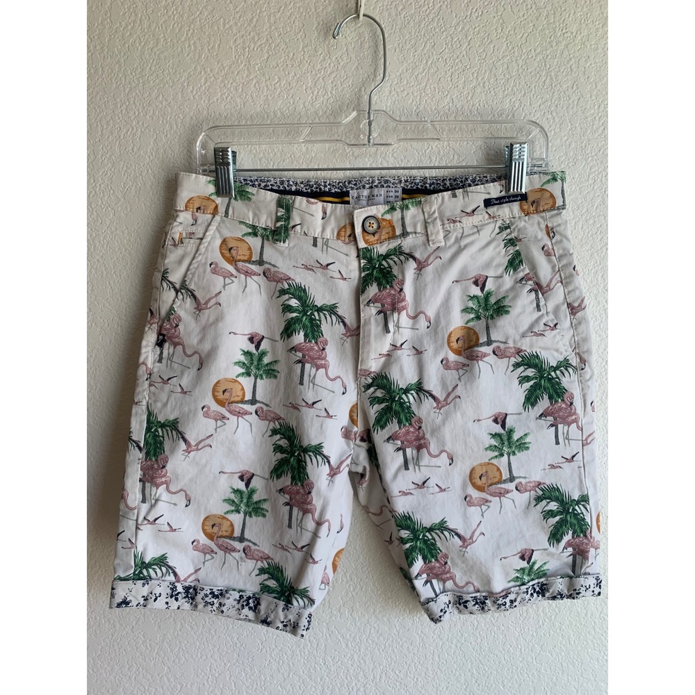 Cactus Man Ricky Singh Flamingo Palm Tree Tropical Chino Shorts Mens 30 White